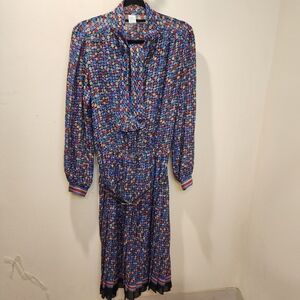 Vintage Multicolor Long Sleeves Pleated Midi Dress fits L